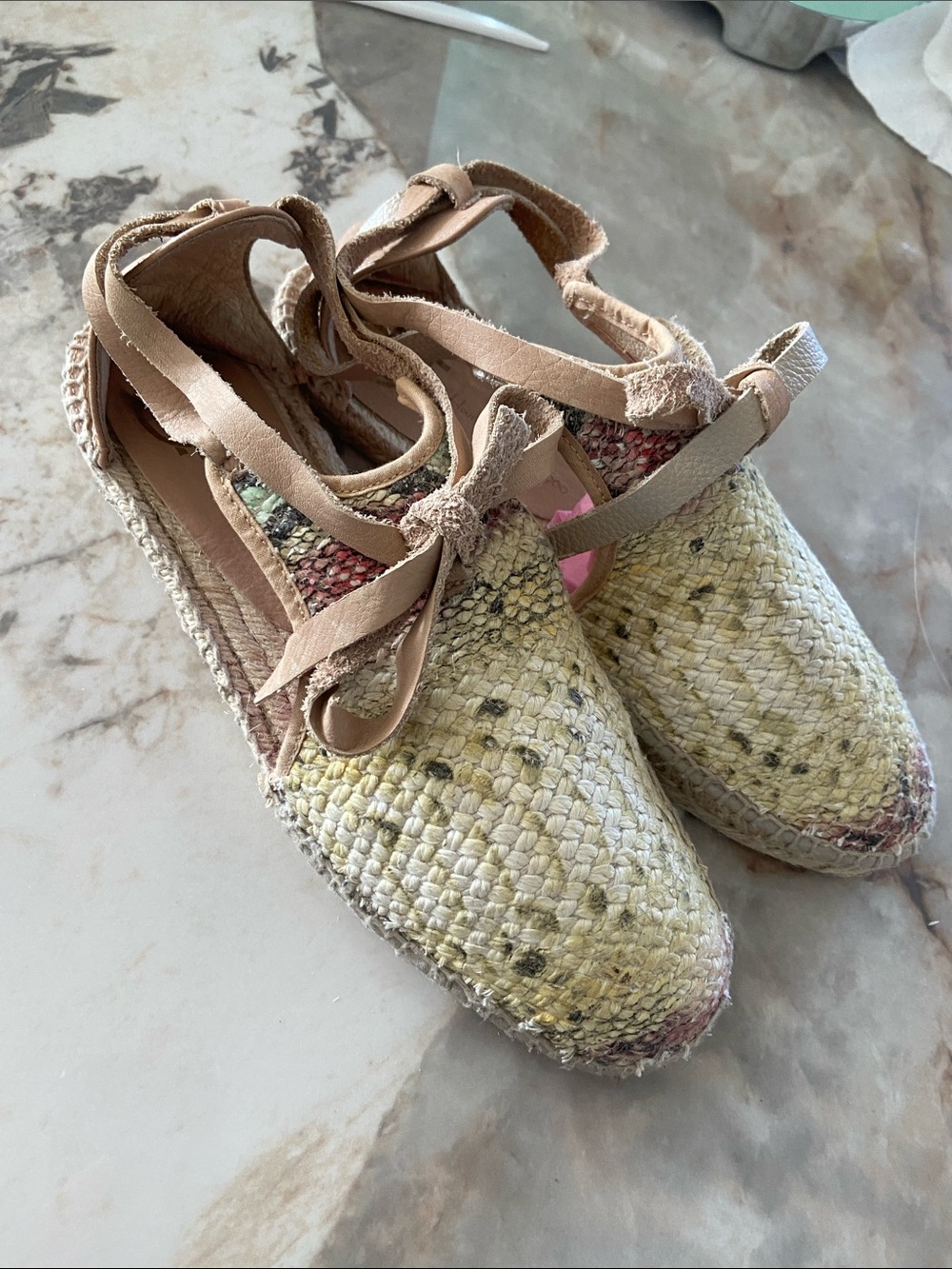 House of Harlow 1960 Yellow Woven Espadrilles with Tan Ankle Ties